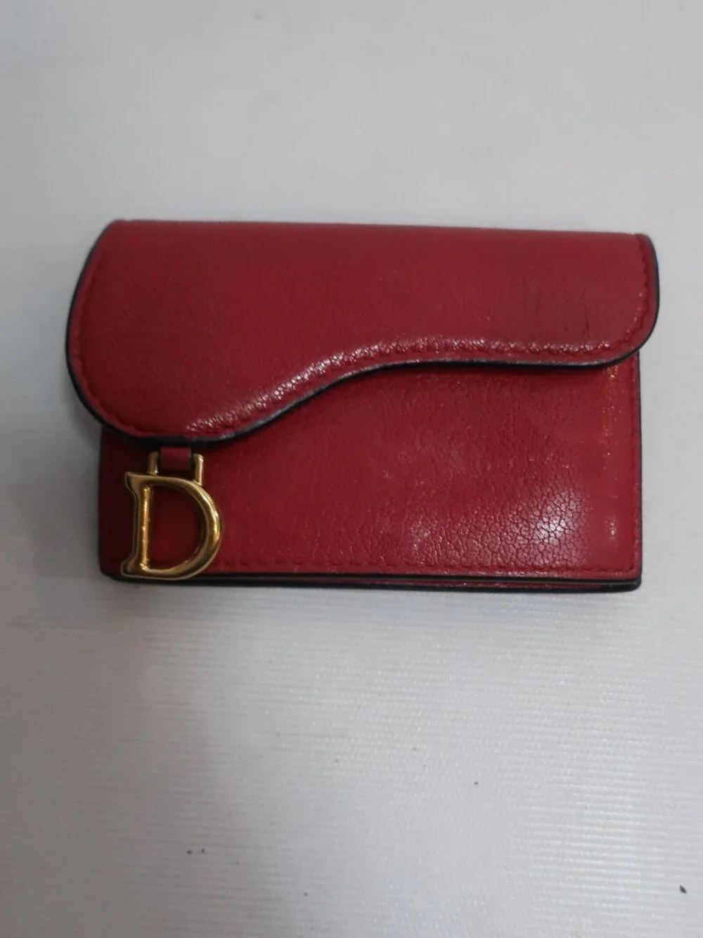Authentic Christian Dior Paris Red Leather Saddle D Charm Credit Card Wallet